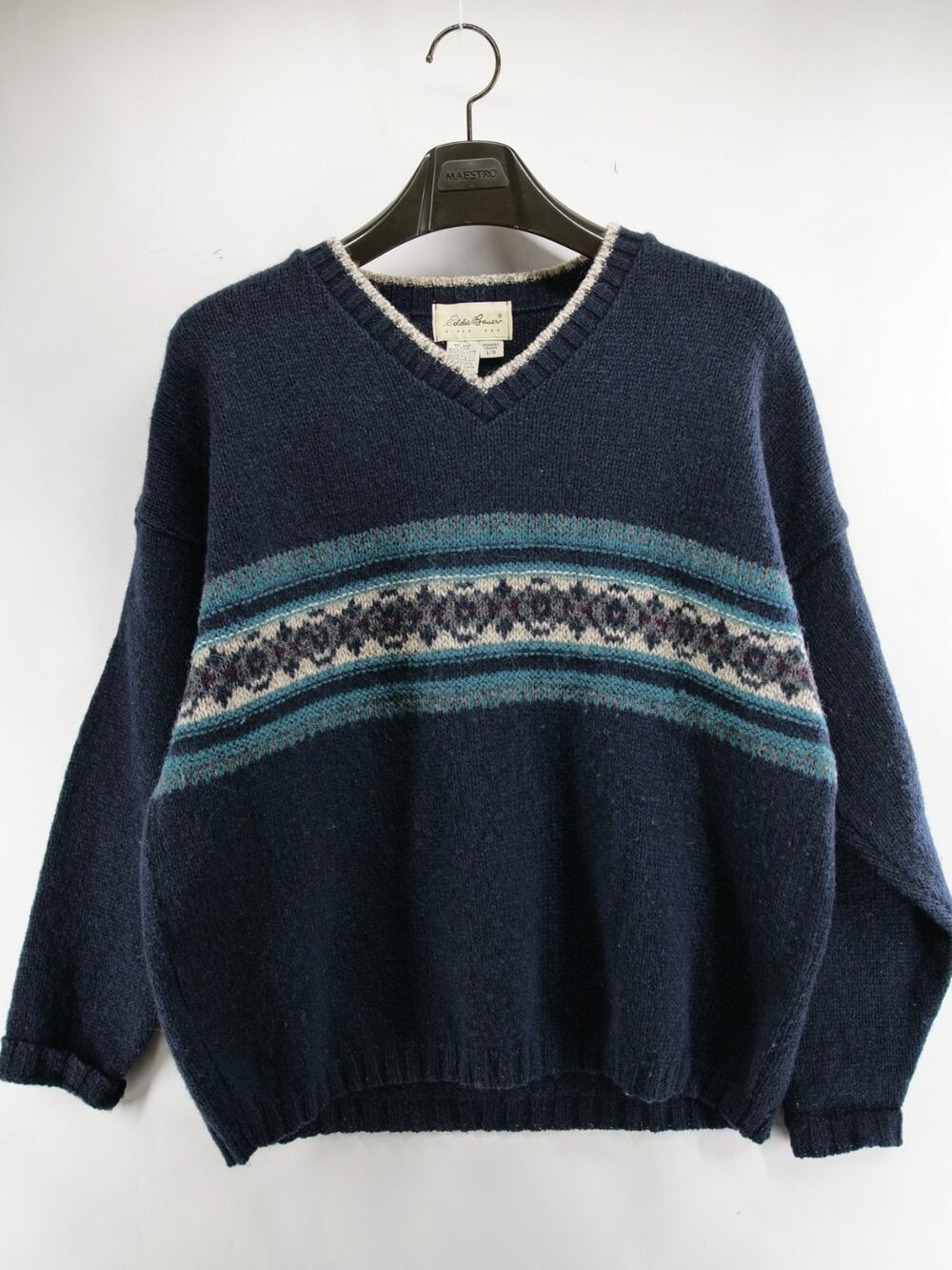 Vintage Eddie Bauer Womens L Knit Sweater Fair Isle Wool Blend Made in USA Navy